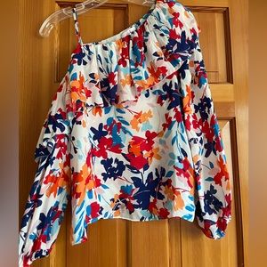 Like new Parker 100% silk one shoulder flowery blouse. Size xs